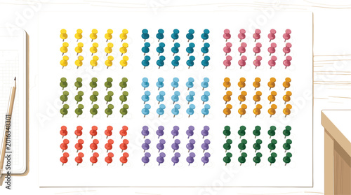 Cuadro en lienzo Colorful Push Pin Thumbtack Icon Collection in Multiple Colors Arranged in Grid