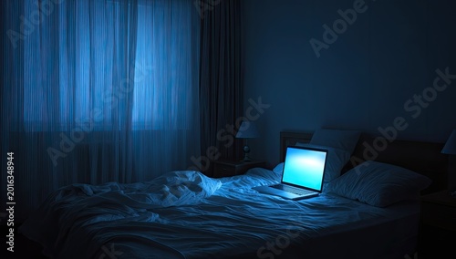 Laptop glows on rumpled bed in dark room with sheer curtains