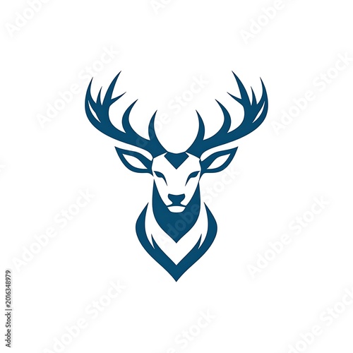 A stylized dark blue deer head with large antlers on white