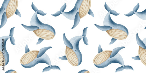 Canvas Print Whales watercolor hand drawn kids ocean simple seamless surface pattern design