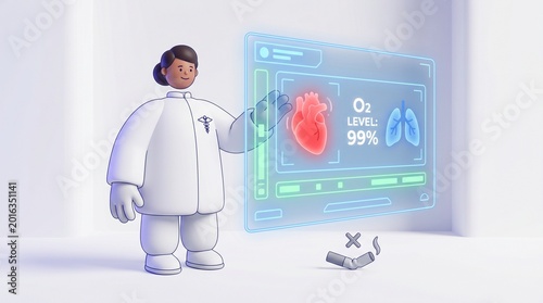 3D Female Doctor Monitoring Vitals on Digital Holographic Screen