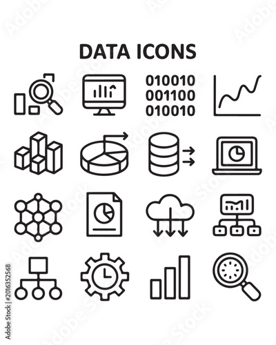 Set of data analysis and business chart line icons
