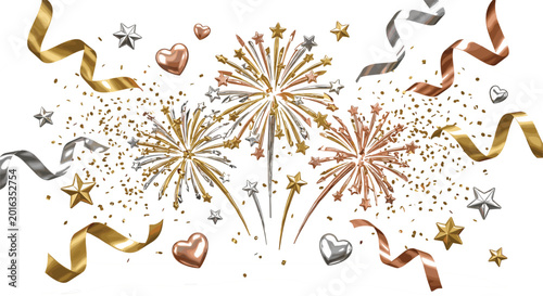 Tableau sur toile Elegant Gold and Silver Fireworks Explosion with Glitter, Ribbons, Hearts, Star