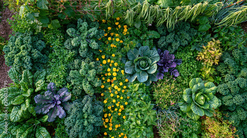 Lush permaculture garden bed with fresh vegetables.