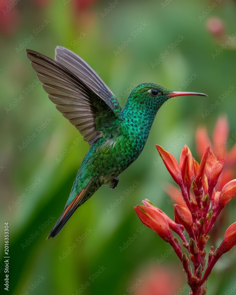 Fototapeta premium Hummingbird hovering near red tropical flower, green blurred background, wildlife scene with wing motion and nectar feeding pose
