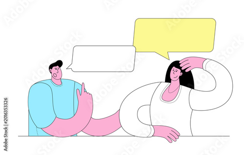 Two characters discussing a problem. Vector illustration on the topic of negotiations and communication. Two people are having a dialogue.