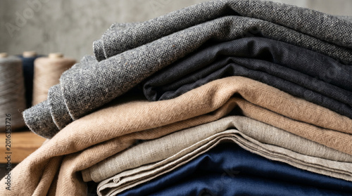 A neatly folded stack of various natural fabrics showcasing different textures and subtle earthy tones, ideal for tailoring, crafting, and home decor projects