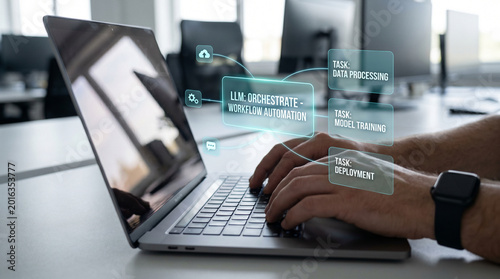 Developer typing on laptop with digital business workflow overlay during remote work session