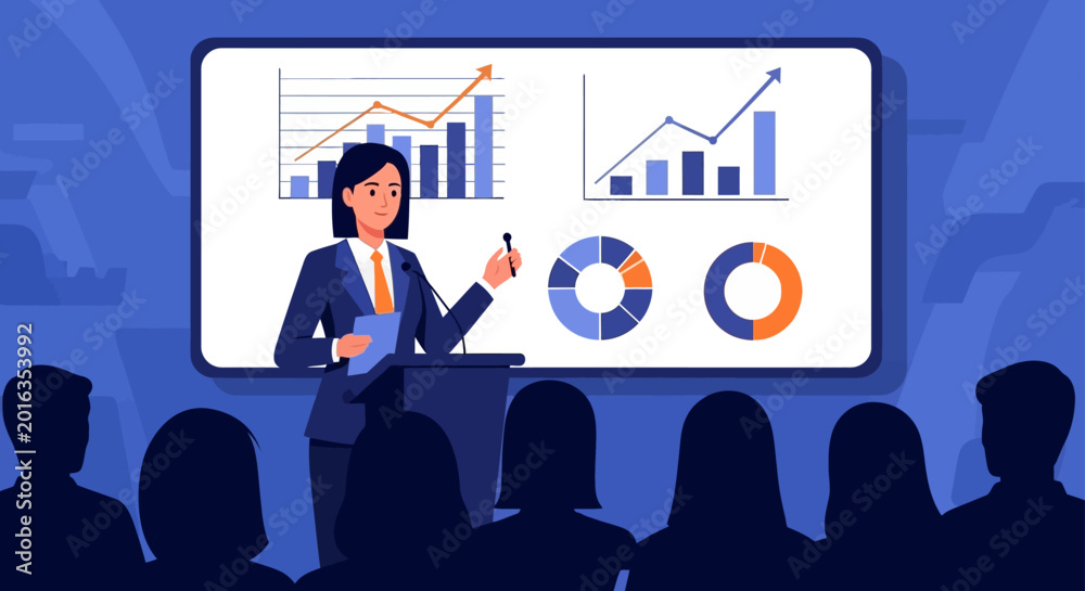 Naklejka premium female business speaker presents data analysis market research and corporate training illustrating financial growth.