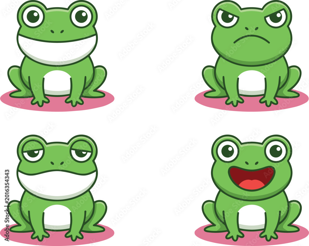 Fototapeta premium Set of cute cartoon green frog characters with different facial expressions including happy angry tired and laughing isolated on white