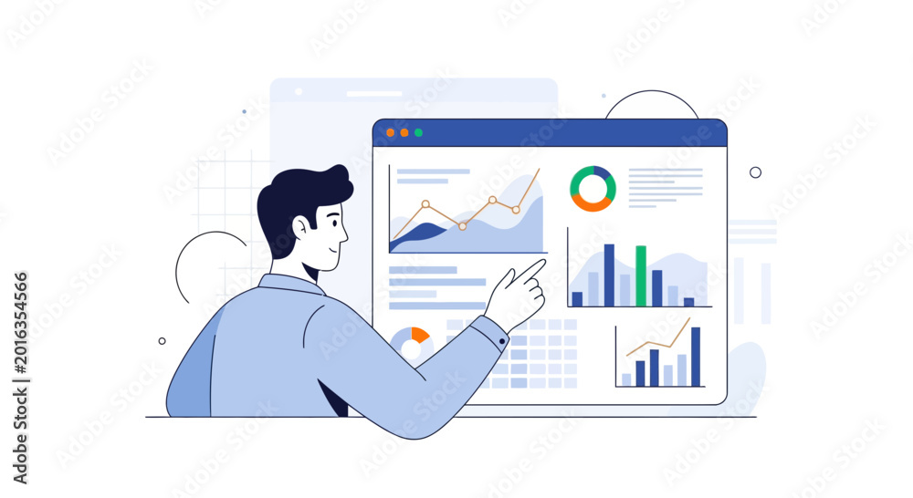 Fototapeta premium Man analyzing business charts and data on a screen, digital analytics illustration