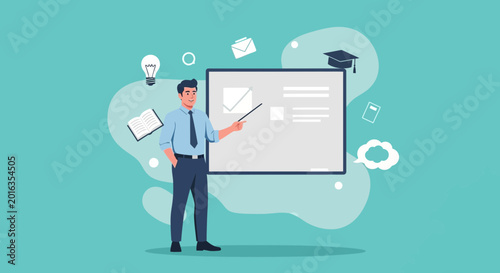 Male Teacher Lecturing at Whiteboard with Educational Icons