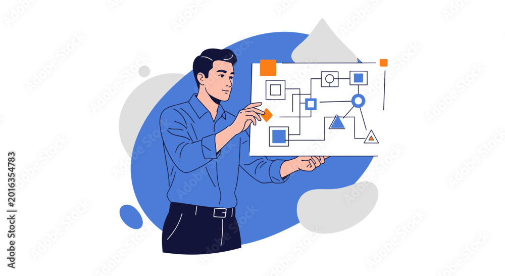 Naklejka premium Man interacting with a digital flowchart on a screen, planning, strategy