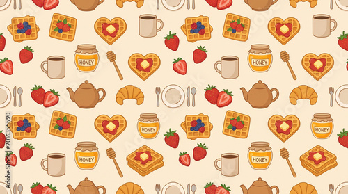 Breakfast Feast Pattern: Delightful food illustrations compose a repeating pattern. The delightful illustrations are perfect for any culinary or design project.