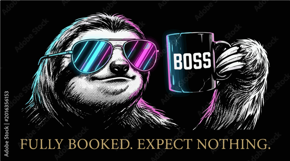 Fototapeta premium Cool Sloth with Sunglasses Holding Boss Coffee Mug - Fully Booked Expect Nothing