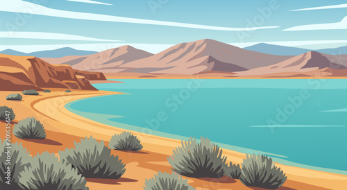 Foto Serene desert lake and mountains vector illustration, a beautiful landscape with