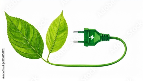 Green energy plug, eco-friendly electricity concept with leaves and lightning symbol