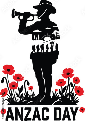 Anzac day soldier memorial poppy silhouette  .