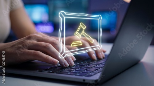 Digital art auction and online bidding a person interacts with a laptop, a glowing gavel icon symbolizing the modern virtual marketplace for collectibles and fine art