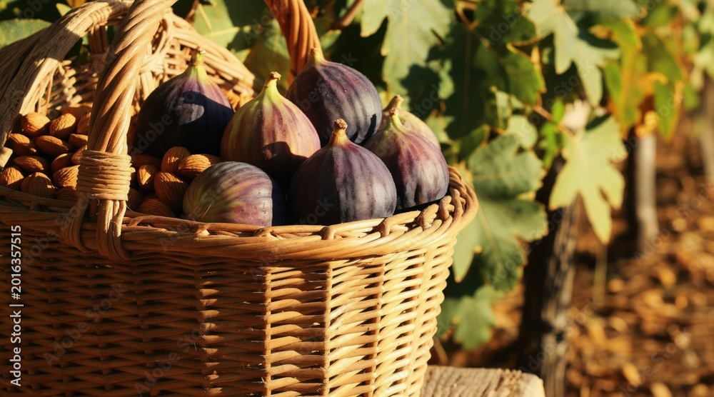 Fototapeta premium Woven basket full of fresh figs and almonds rests in sunlit vineyard rows. Autumn harvest of ripe purple figs and crunchy nuts displays organic produce on grapevine background.