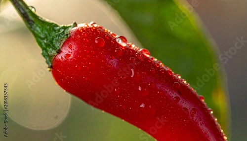 Ultra-realistic macro close-up of fresh red chili pepper, showing glossy skin texture, tiny water droplets, deep red color, soft natural lighting, shallow depth of field, isolated subject, photorealis