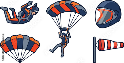 Canvastavla Professional Skydiving Equipment and Action Vector Set Featuring Parachutist in