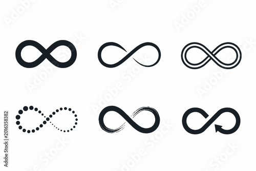 Diverse set of six black and white infinity symbols with varied styles and textures