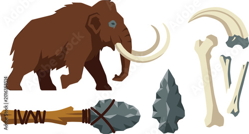 Foto Prehistoric Stone Age Vector Set Featuring Woolly Mammoth with Tusks, Stone Spea