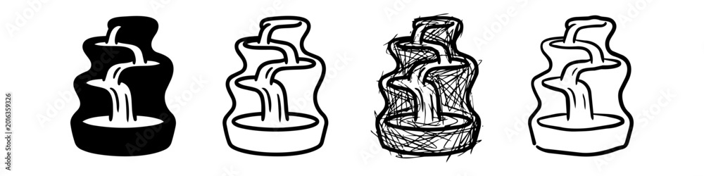 Obraz premium Set of Hand-Drawn Tiered Waterfall and Water Fountain Icons in Multiple Styles Including Silhouette, Bold Outline, and Scribble Sketch for Garden and Landscaping Design Elements
