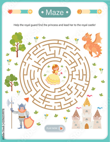 Fairytale maze game for kids with royal guard, princess, dragon and castle. Educational logic puzzle for children activity book. Vector flat illustration.