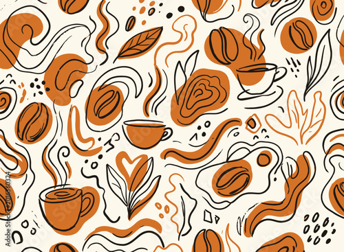 Billede på lærred Brown coffee beans and cups pattern.