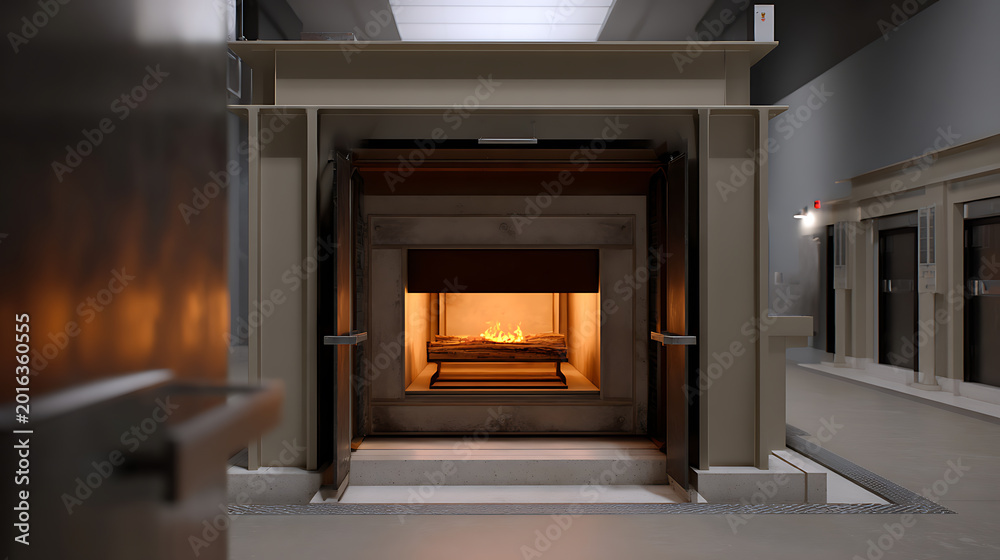 Fototapeta premium Industrial Furnace Interior with Warm Glow and Flames, Modern Facility Equipment, Process Heat Applications, Manufacturing Technology