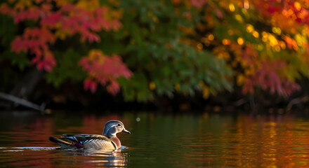 Wood duck swimming in pond with autumn leaf reflections.