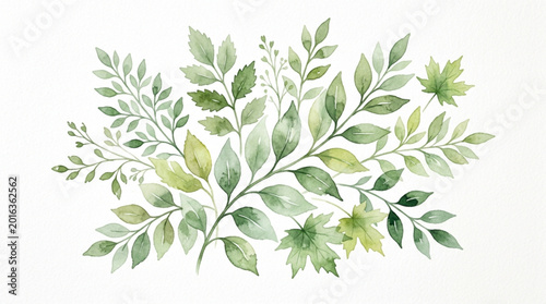 Watercolor painting of green leaves and branches on a white background.