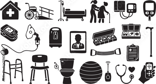 Essential hospital equipment icon set featuring mobility aids patient care devices oxygen concentrator walkers wheelchairs blood pressure monitors home medical items