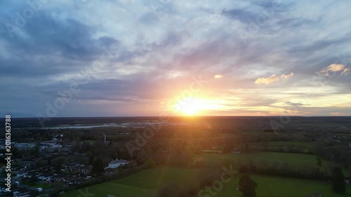 Harefield London Town During Beautiful Sunset over England United Kingdom. High Angle Drone Footage. Harefield is a village in the London Borough of Hillingdon, England, Great Britain.