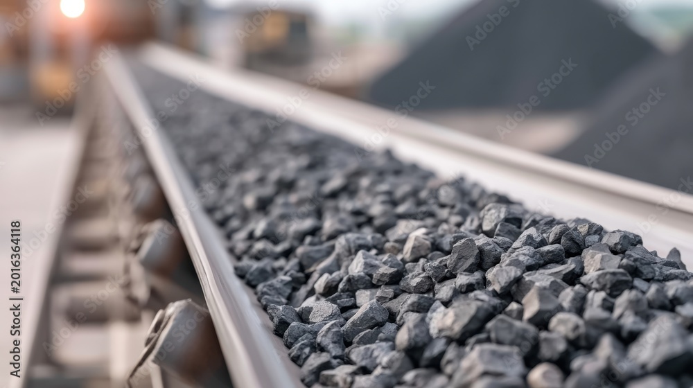 Fototapeta premium Close up of black coal rock loading conveyor belt in industrial environment
