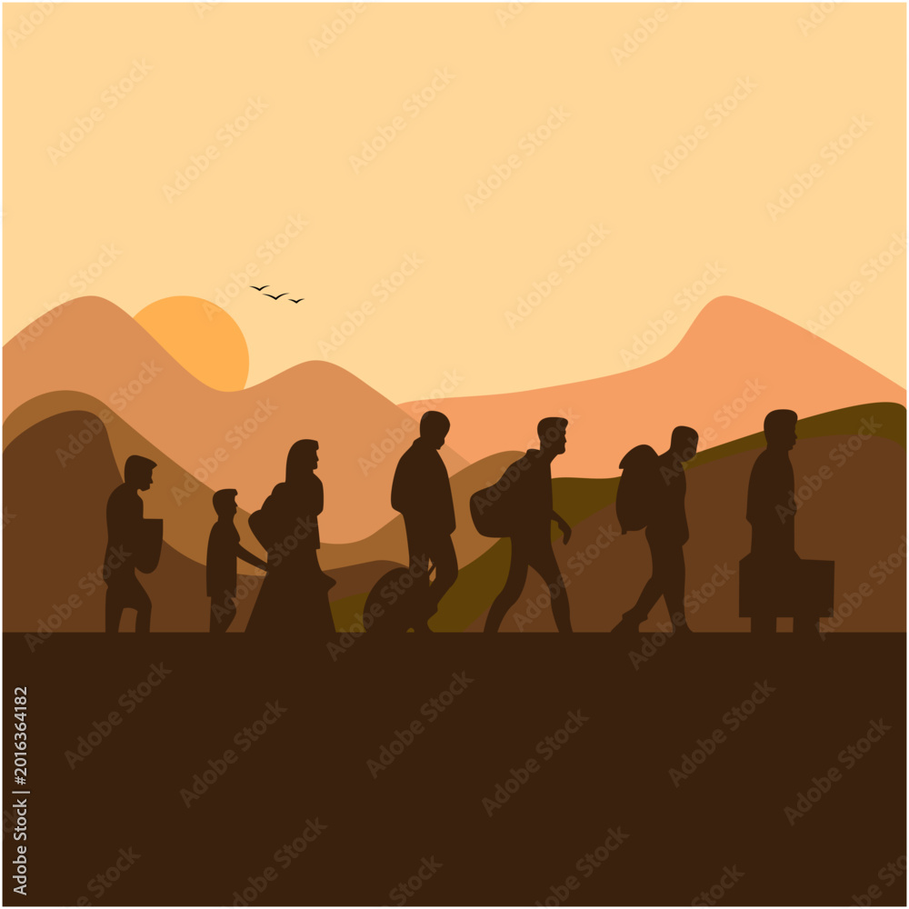 Fototapeta premium World Refugee Day concept with silhouettes of displaced family walking against a blue globe map background. Humanitarian aid and global migration awareness illustration