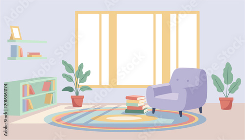 Konstfotografi Cozy reading nook with armchair, books, and plants by large windows