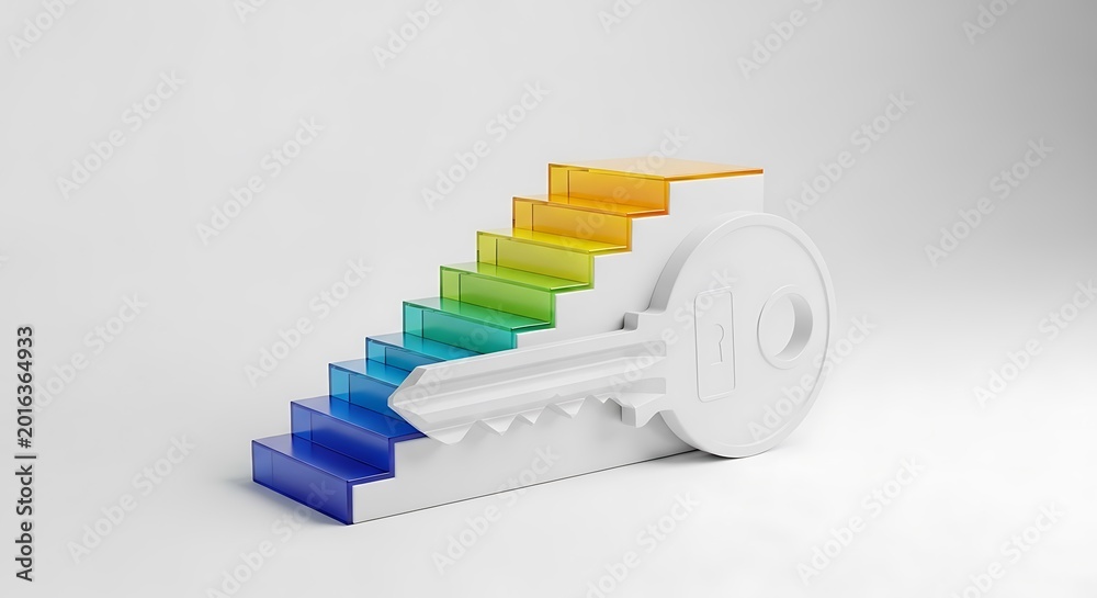 Obraz premium Colorful rainbow steps forming a key shape representing success and professional growth