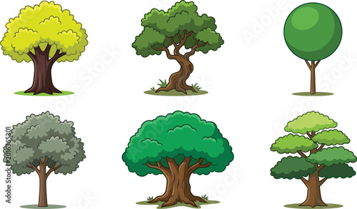 Cartoon tree illustrations with varied canopy shapes and foliage styles for decorative, educational, environmental, and ecological projects