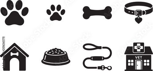 Dog icons, pet symbols, black vector graphics, animal paw prints, dog accessories