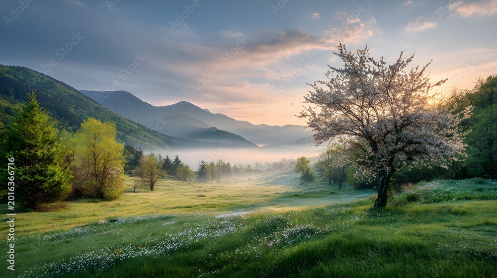 Fototapeta premium Peaceful spring landscape with a blooming tree at sunrise in a misty mountain valley
