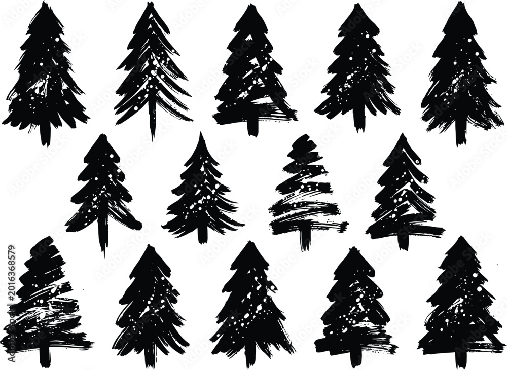 Obraz premium Grunge Christmas Tree Collection, Hand Painted Pine Tree Brush Stroke Set, Abstract Holiday Vector Illustrations