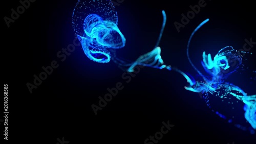 3d render glowing ink Entwined luminous spheres with filaments. Threedimensional rendering of interconnected glowing orbs. Seamless loop of luminous ink orbs connected by delicate filaments emitting