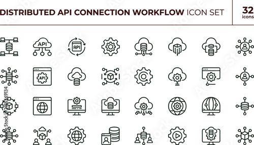 Distributed API connection workflow icon set for cloud integration platforms software systems and network infrastructure applications