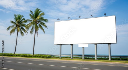 Empty billboard next to palm trees on highway