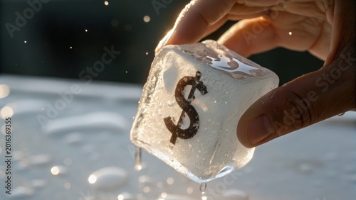 A hand holds a melting ice cube with a dollar sign, symbolizing the loss or devaluation of money due to inflation or economic factors.