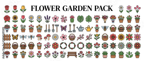 Collection of colorful flower garden icons.