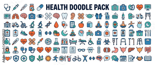 Health and medical doodle icons pack.